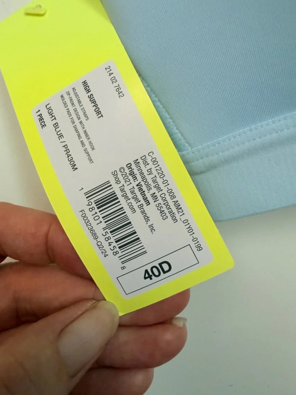 All In Motion Sports Bra High Support Impact Front Closure Zip Light Baby Blue